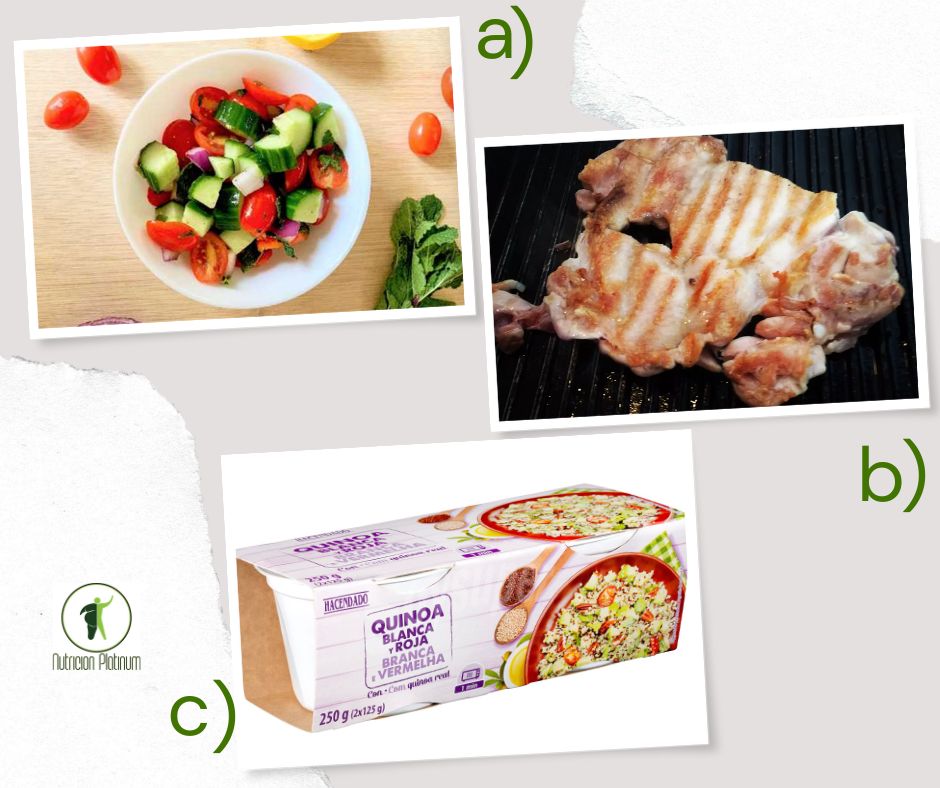 ENSALADA  MEDITERRÁNEA  ACOMPAÑADA DE CONTRAMUSLOS  DE POLLO A LA PARRILLA CON QUINOA BLANCA Y ROJA